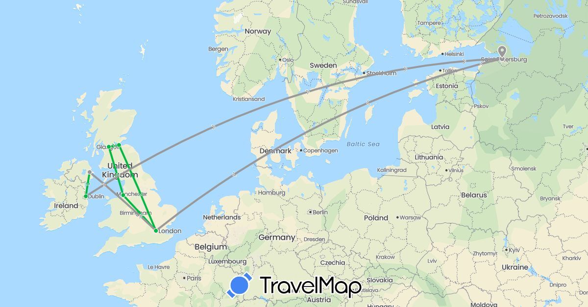 TravelMap itinerary: driving, bus, plane in United Kingdom, Ireland, Russia (Europe)